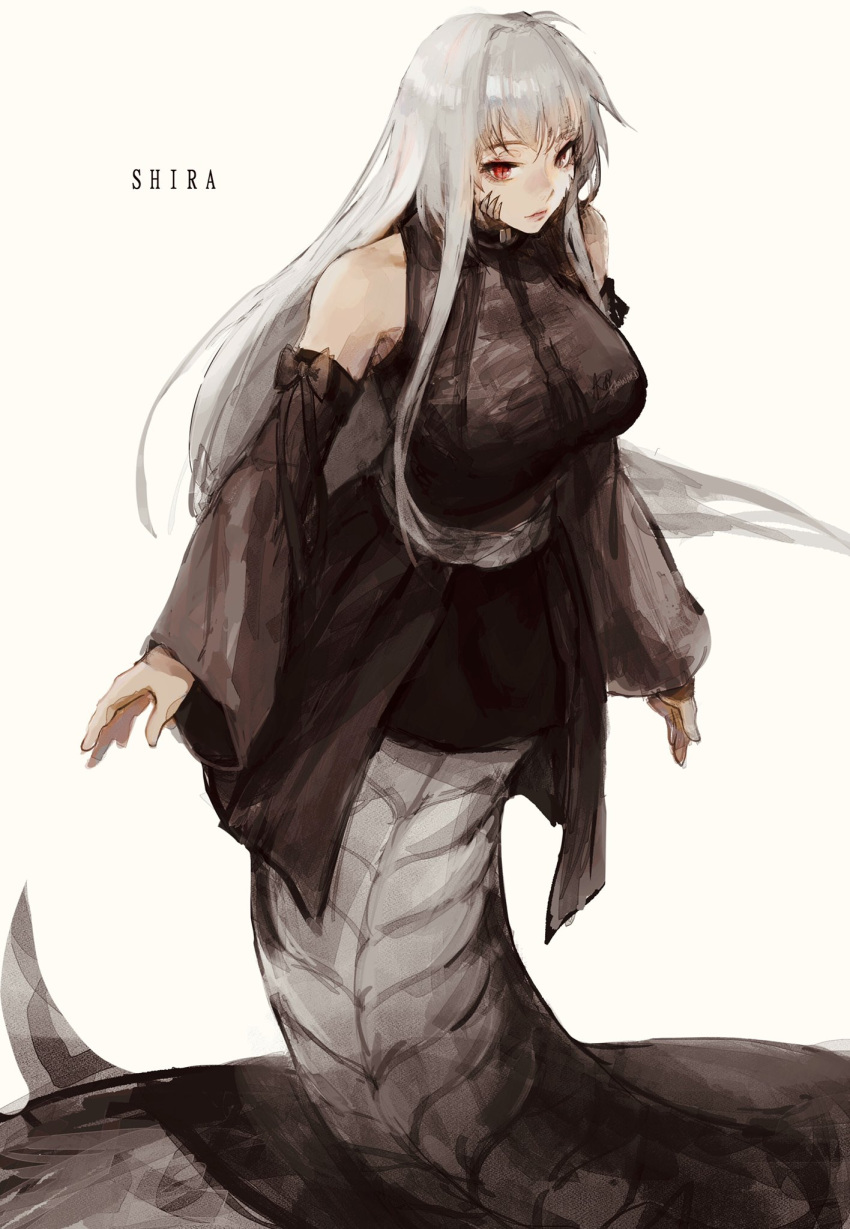 1girl bare_shoulders beige_background belt black_bow borrowed_character bow character_name closed_mouth detached_sleeves english_text grey_hair half-closed_eyes highres lamia long_hair monster_girl original pink_lips red_eyes simple_background slit_pupils smile solo uglykao wide_sleeves