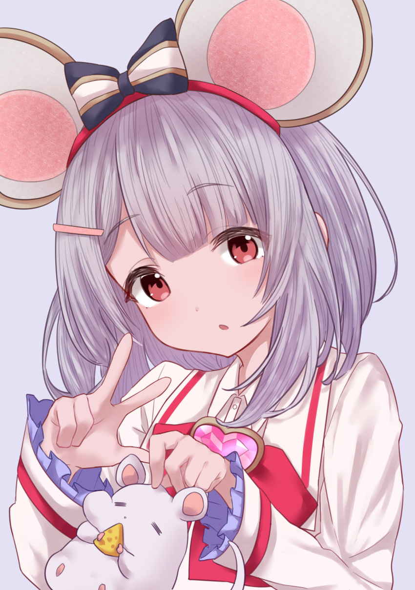 1girl :o absurdres animal animal_ears bow cheese eating eyebrows_visible_through_hair food frills granblue_fantasy grey_background grey_hair hair_ornament hamster hamster_tail hands_up harukasu_(mememememo) highres holding holding_animal looking_at_viewer medium_hair mouse_ears open_mouth red_eyes simple_background solo tail vikala_(granblue_fantasy)