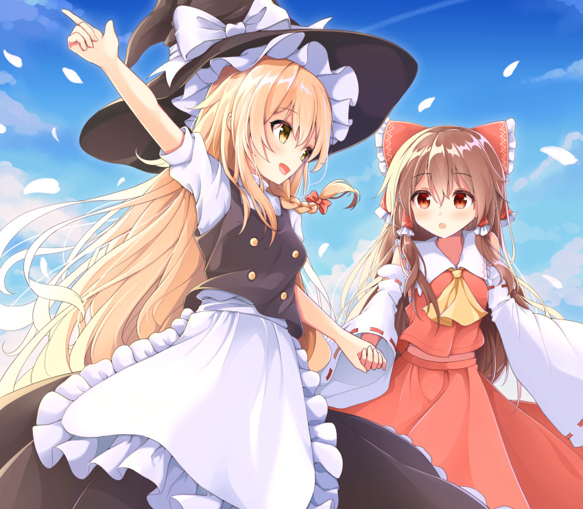 2girls :d :o apron ascot black_dress black_headwear blonde_hair blush bow breasts brown_hair day detached_sleeves dress eyebrows_visible_through_hair feet_out_of_frame from_below hair_between_eyes hair_bow hair_ribbon hair_tubes hakurei_reimu hat highres kirisame_marisa long_hair looking_at_another multiple_girls open_mouth outdoors petals red_bow red_eyes red_skirt red_vest ribbon ribbon-trimmed_sleeves ribbon_trim sidelocks skirt skirt_set sky small_breasts smile tilt_gyx touhou tress_ribbon very_long_hair vest white_apron wide_sleeves witch_hat yellow_eyes yellow_neckwear