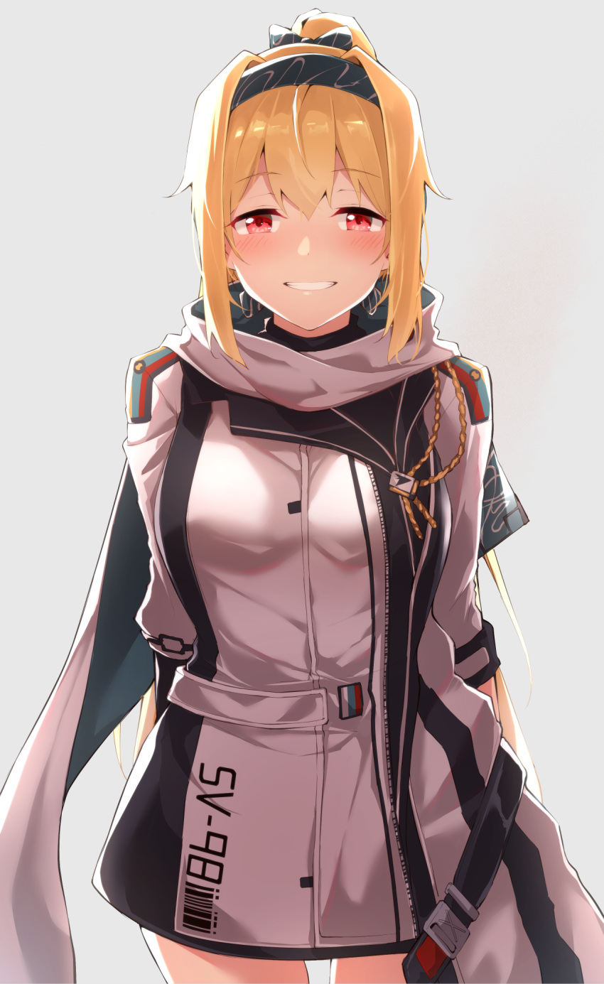 1girl aiguillette bangs barcode blonde_hair blush commission dress english_commentary eyebrows_visible_through_hair flugel_(kaleido_scope-710) girls_frontline grey_background hair_ribbon hairband highres looking_at_viewer mod3_(girls_frontline) ponytail red_eyes ribbon russian_flag scarf simple_background skeb_commission smile solo standing sv-98_(girls_frontline) teeth white_scarf