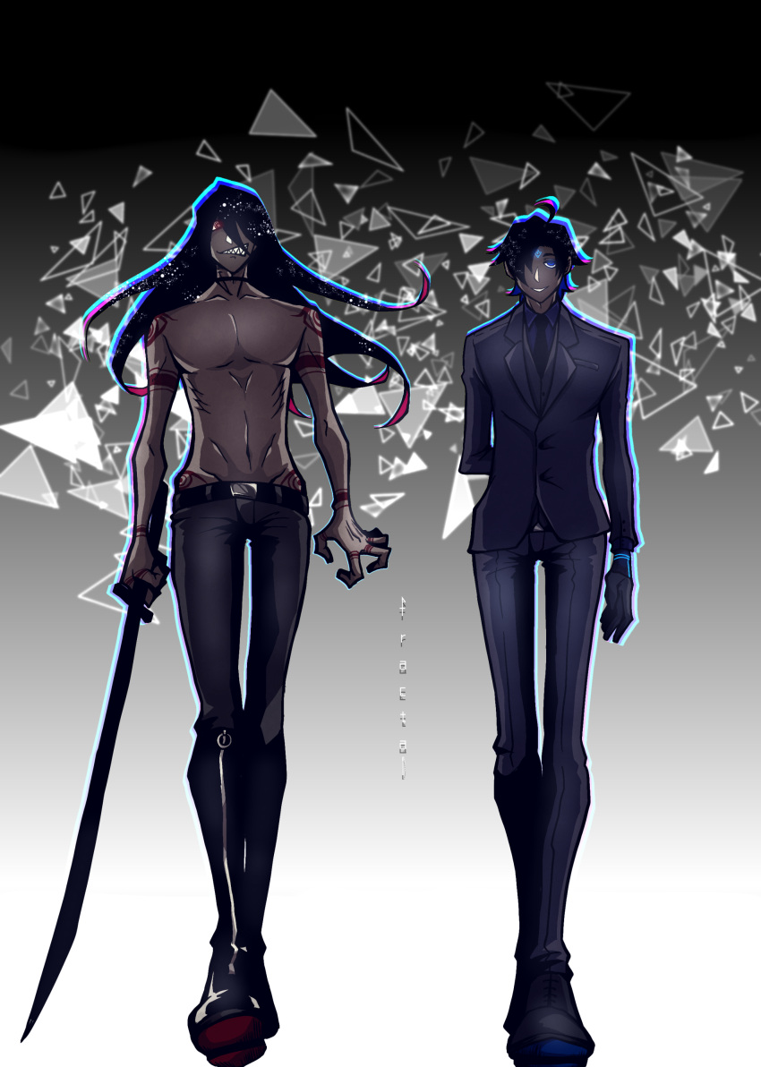 2boys absurdres black_hair black_pants blue_eyes business_suit dark_skin dark_skinned_male facial_mark forehead_mark formal grin highres holding holding_sword holding_weapon long_hair male_focus multiple_boys nanashi_(protocol_001) pants red_eyes scp-073 scp-076-2 scp_foundation shirtless smile suit sword tattoo teeth weapon