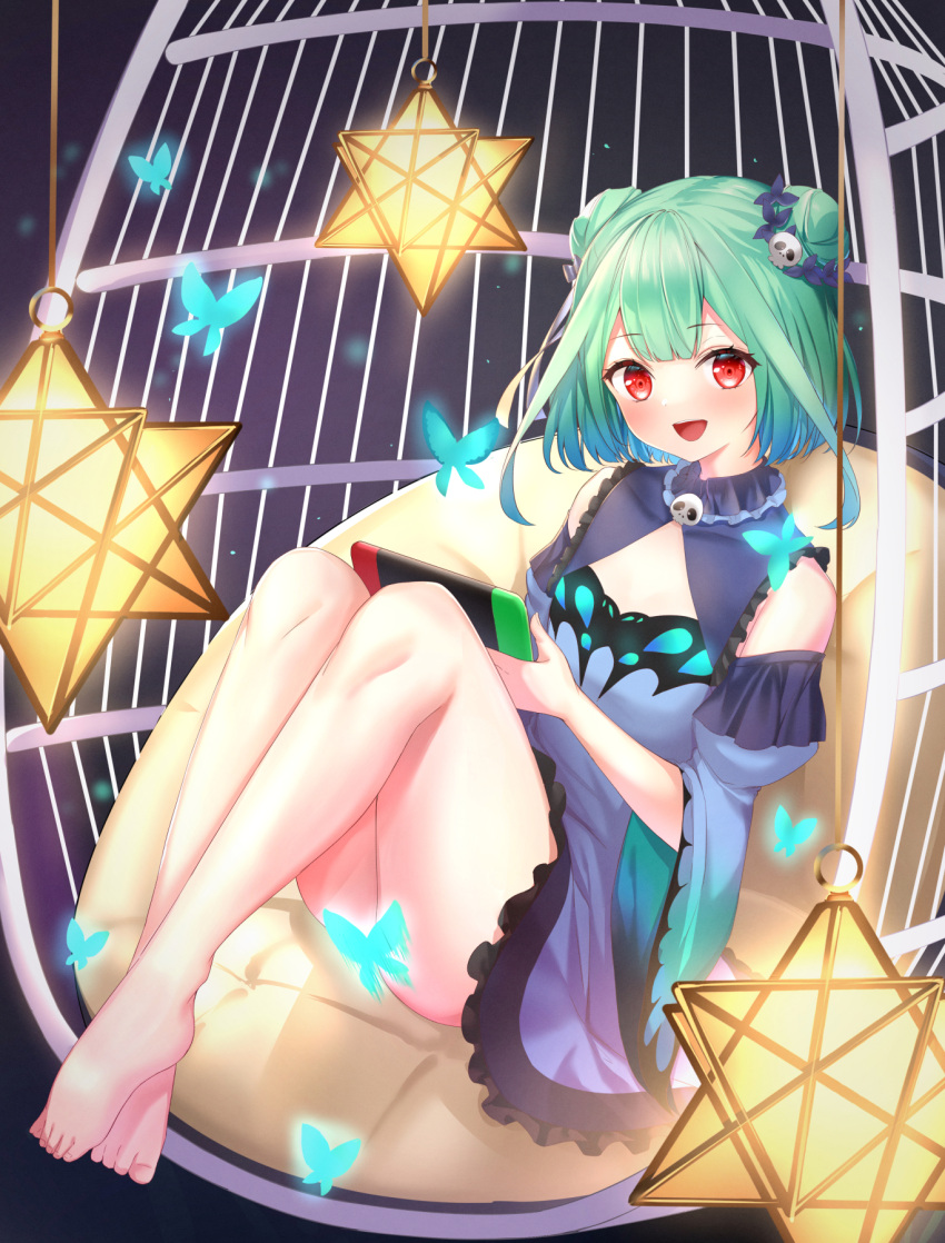 1girl :d bangs bare_shoulders barefoot birdcage blue_dress blue_sleeves bug butterfly cage commentary_request detached_sleeves double_bun dress eyebrows_visible_through_hair full_body green_hair hair_ornament highres holding hololive insect juliet_sleeves knees_up long_sleeves nintendo_switch open_mouth puffy_sleeves red_eyes rukinya_(nyanko_mogumogu) sitting skull_hair_ornament sleeveless sleeveless_dress smile solo uruha_rushia virtual_youtuber