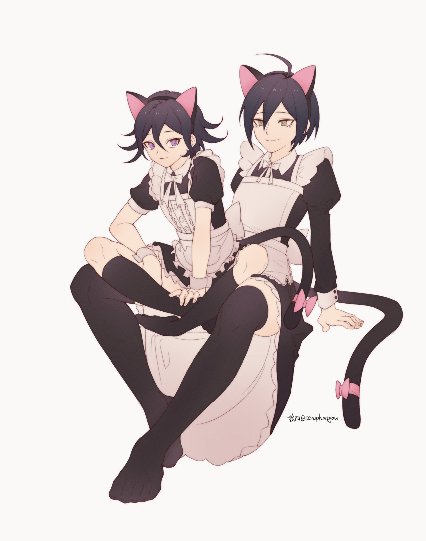 2boys absurdres ahoge alternate_costume animal_ears apron artist_name bangs black_hair black_legwear bow brown_eyes cat_ears cat_tail center_frills collared_dress commentary_request crossdressinging dangan_ronpa_(series) dangan_ronpa_v3:_killing_harmony enmaided ewa_(seraphhuiyu) fake_animal_ears flipped_hair frills full_body grey_apron grey_background hair_between_eyes highres indian_style juliet_sleeves kneehighs long_sleeves maid maid_apron maid_headdress male_focus multiple_boys no_shoes on_lap otoko_no_ko ouma_kokichi pink_bow puffy_short_sleeves puffy_sleeves saihara_shuuichi short_hair short_sleeves simple_background sitting smile tail tail_bow tail_ornament thigh-highs violet_eyes yellow_eyes