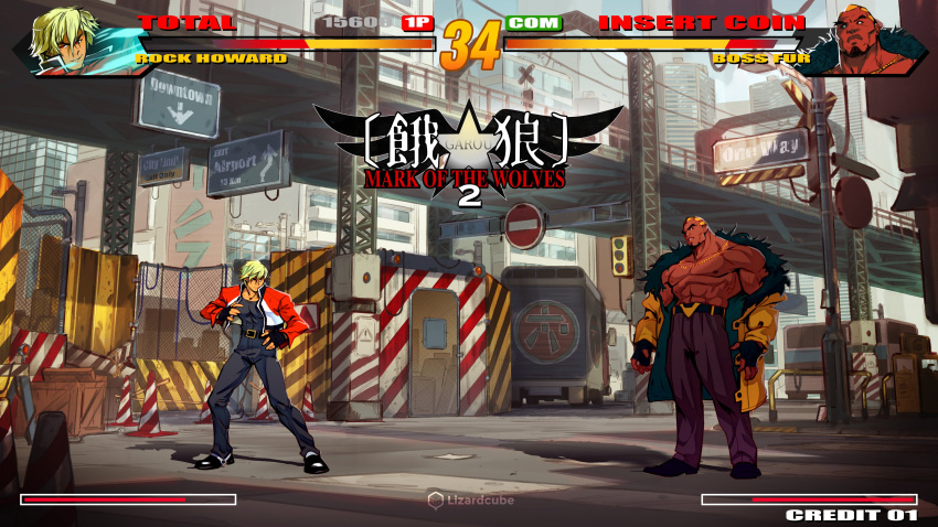 2boys absurdres belt ben_fiquet black_sclera blonde_hair chain chain_necklace character_name collaboration colored_sclera commentary concept_art dark_skin dark_skinned_male english_commentary facial_hair fake_screenshot fatal_fury fighting_game fingerless_gloves fur-trimmed_jacket fur_trim gloves goatee gold_chain health_bar height_difference highres jacket julian_nguyen-you lizardcube making-of_available male_focus mark_of_the_wolves multiple_boys muscular no_pupils open_clothes open_jacket red_eyes red_jacket rock_howard short_hair thick_eyebrows veins what_if white_eyes yellow_jacket