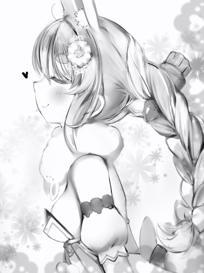 1girl animal_ear_fluff animal_ears bare_shoulders blush braid breasts closed_eyes closed_mouth detached_sleeves flower from_side hair_flower hair_ornament heart highres hololive medium_breasts nanashi_(nlo) profile puffy_detached_sleeves puffy_short_sleeves puffy_sleeves rabbit_ears short_sleeves sideways_mouth smile solo twin_braids upper_body usada_pekora
