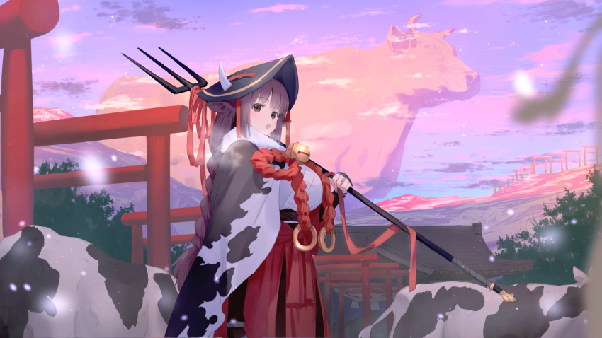 1girl animal animal_ears animal_print blue_sky braid breasts brown_eyes brown_hair chinese_zodiac cow cow_ears cow_girl cow_horns cow_print day flower_knot from_side giant hakama hand_up hat highres holding horns horns_through_headwear japanese_clothes large_breasts long_hair looking_at_viewer looking_to_the_side multiple_torii open_mouth original outdoors oversized_animal polearm red_skirt sideways_glance skirt sky solo torii trident wasabi60 weapon year_of_the_ox