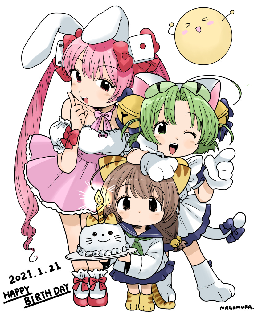 3girls absurdres animal_ears animal_hat apron bell birthday_cake blouse blue_dress blue_sailor_collar blue_skirt breasts cake candle cat_ears cat_hat cat_tail choker dated dejiko di_gi_charat dice_hair_ornament dress food frilled_apron frills gema gloves green_eyes green_hair green_neckwear hair_ornament happy_birthday hat highres jingle_bell long_hair looking_at_viewer maid_apron medium_breasts multiple_girls nagomurasan neckerchief off_shoulder paw_gloves paw_shoes paws pink_hair pink_skirt pleated_skirt puchiko rabbit_ears ribbon ribbon_choker sailor_collar school_uniform serafuku shoes short_hair simple_background skirt standing tail twintails usada_hikaru white_apron white_background white_blouse white_mittens wrist_ribbon