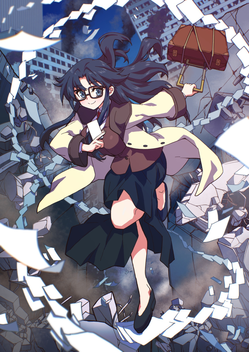 1girl black_hair blue_eyes breasts building coat dust full_body glasses highres holding large_breasts leg_up long_hair long_sleeves necktie paper read_or_die red_neckwear rolling_suitcase rubble ruins skirt smile smoke solo somasoutaro standing standing_on_one_leg suitcase yomiko_readman