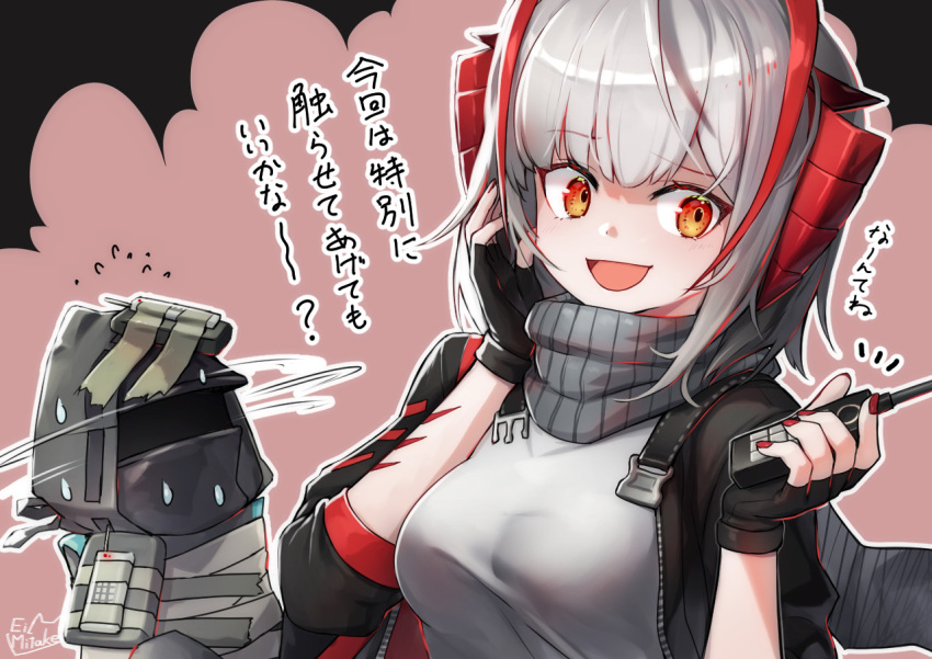 1girl 1other antennae arknights artist_name bangs black_gloves black_jacket black_scarf bomb bound controller demon_horns detonator doctor_(arknights) explosive eyebrows_visible_through_hair fingerless_gloves gloves grey_shirt holding holding_remote_control hood hood_up hooded_jacket horns jacket mitake_eil open_clothes open_jacket open_mouth red_eyes remote_control scarf shirt short_hair signature silver_hair smile tape tape_bondage translation_request upper_body w_(arknights)