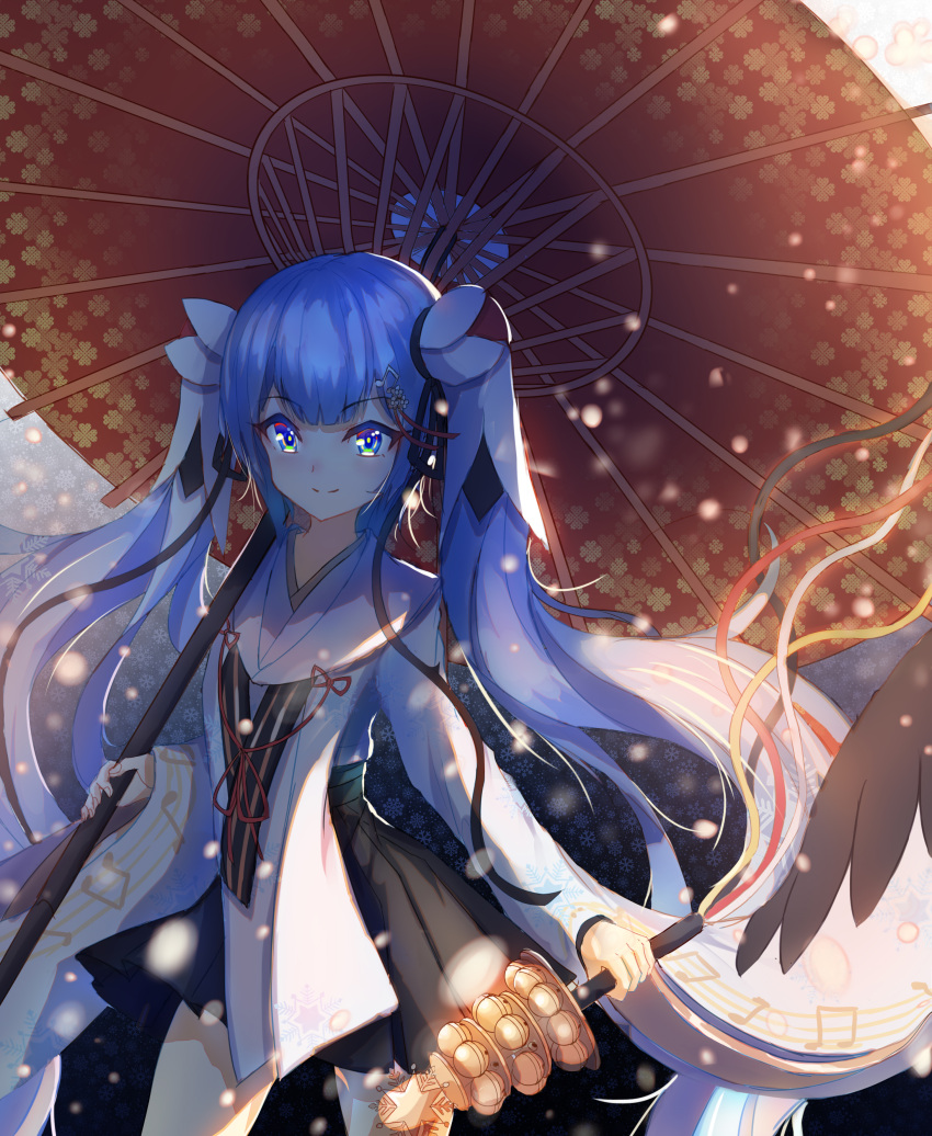 1girl absurdres bangs blue_eyes blue_hair closed_mouth dress eyebrows_visible_through_hair flat_chest floating_hair hair_ornament hatsune_miku highres holding holding_umbrella looking_at_viewer oil-paper_umbrella red_ribbon ribbon sidelocks skirt smile solo twintails umbrella vocaloid yorurui_sansan yuki_miku