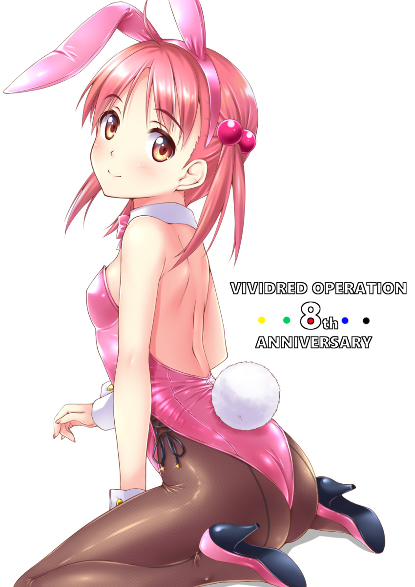1girl alternate_costume animal_ears anniversary back-seamed_legwear bow bowtie brown_legwear bunny_tail commentary_request copyright_name detached_collar fake_animal_ears from_behind full_body hair_bobbles hair_ornament high_heels highres isshiki_momo leotard long_hair looking_at_viewer nonbe pantyhose pink_footwear pink_hair pink_leotard pink_neckwear playboy_bunny rabbit_ears red_eyes seamed_legwear short_hair sitting solo strapless strapless_leotard tail vividred_operation wariza wrist_cuffs