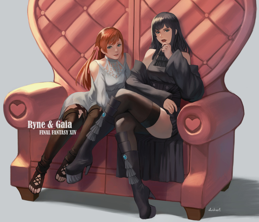 2girls black_dress black_hair boots brown_hair character_name copyright_name crossed_legs detached_sleeves dress final_fantasy final_fantasy_xiv gaia_(ff14) heart high_heel_boots high_heels highres long_hair multiple_girls quest_(artist) ryne sitting thigh-highs toeless_legwear