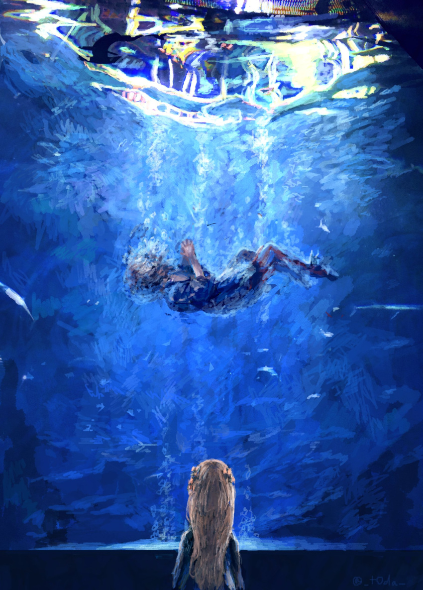 1girl 1other absurdres air_bubble bangs blonde_hair blue_theme bow bubble character_request commentary_request fate/grand_order fate_(series) hair_bow highres jacket long_hair looking_up multiple_bows orange_bow scenery solo standing t0da underwater water