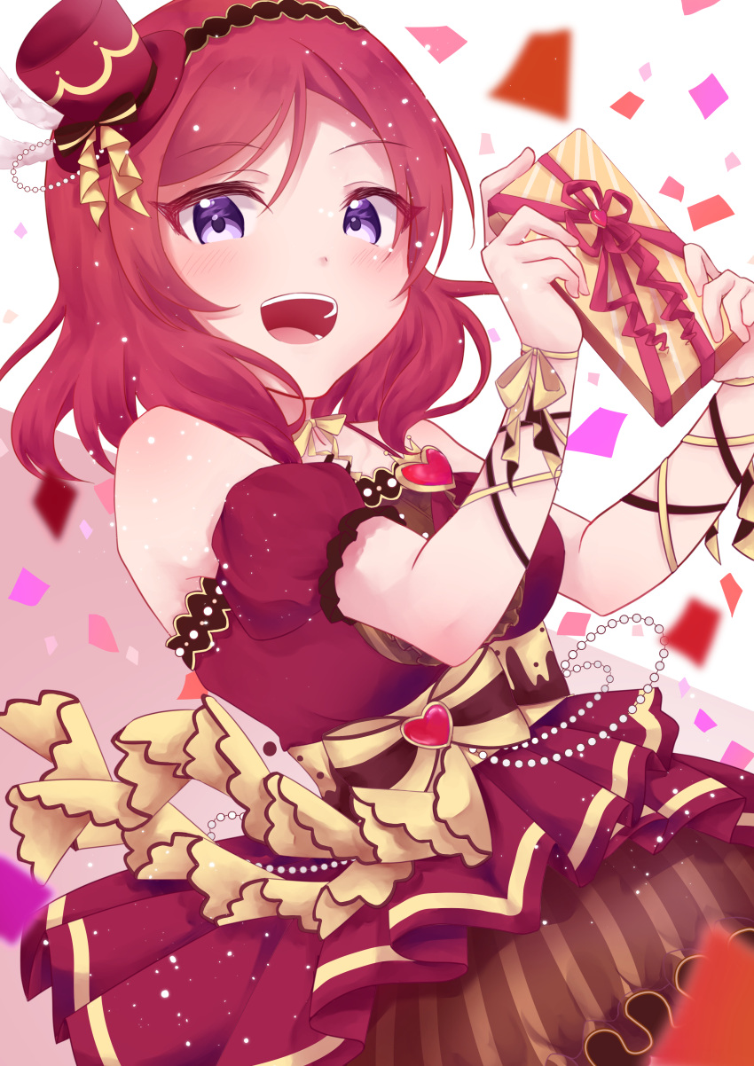 1girl :d absurdres bangs blush bow breasts dress eyebrows_visible_through_hair frills gift hair_ornament hands_up harukasu_(mememememo) hat highres holding holding_gift looking_at_viewer love_live! medium_breasts medium_hair nishikino_maki open_mouth redhead smile solo upper_teeth valentine violet_eyes
