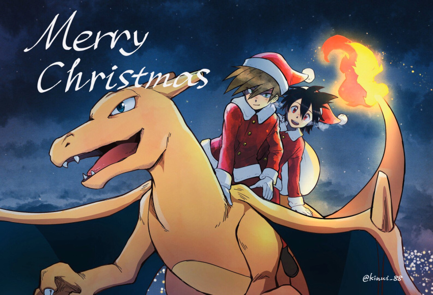 2boys artist_name bangs black_hair blue_oak brown_hair buttons charizard christmas closed_mouth clouds commentary_request fire flame gen_1_pokemon gloves hat kinui_88 long_sleeves male_focus merry_christmas multiple_boys night open_mouth outdoors pokemon pokemon_(creature) pokemon_adventures red_(pokemon) red_eyes riding_pokemon santa_hat sky smile watermark white_gloves