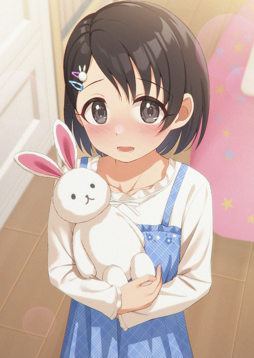 1girl absurdres blue_dress blush brown_eyes brown_hair collarbone door dress embarrassed eyebrows_visible_through_hair eyelashes from_above hair_ornament hairclip highres holding idolmaster idolmaster_cinderella_girls lens_flare long_sleeves looking_at_viewer open_mouth sasaki_chie short_hair solo stuffed_animal stuffed_bunny stuffed_toy tsunenorip