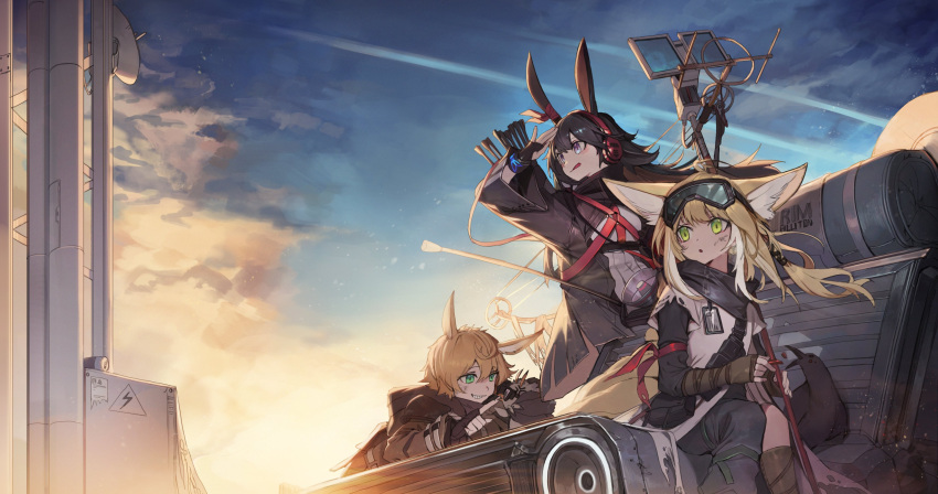 1boy 2girls absurdres animal_ears april_(arknights) april_(farsight)_(arknights) arknights arrow_(projectile) chyan fingerless_gloves fox_ears fox_girl fox_tail gloves goggles goggles_on_head ground_vehicle highres jeep kitsune leonhardt_(arknights) motor_vehicle multiple_girls multiple_tails official_alternate_costume quiver rabbit_boy rabbit_ears rabbit_girl suzuran_(arknights) suzuran_(wasteland_blossom)_(arknights) tail