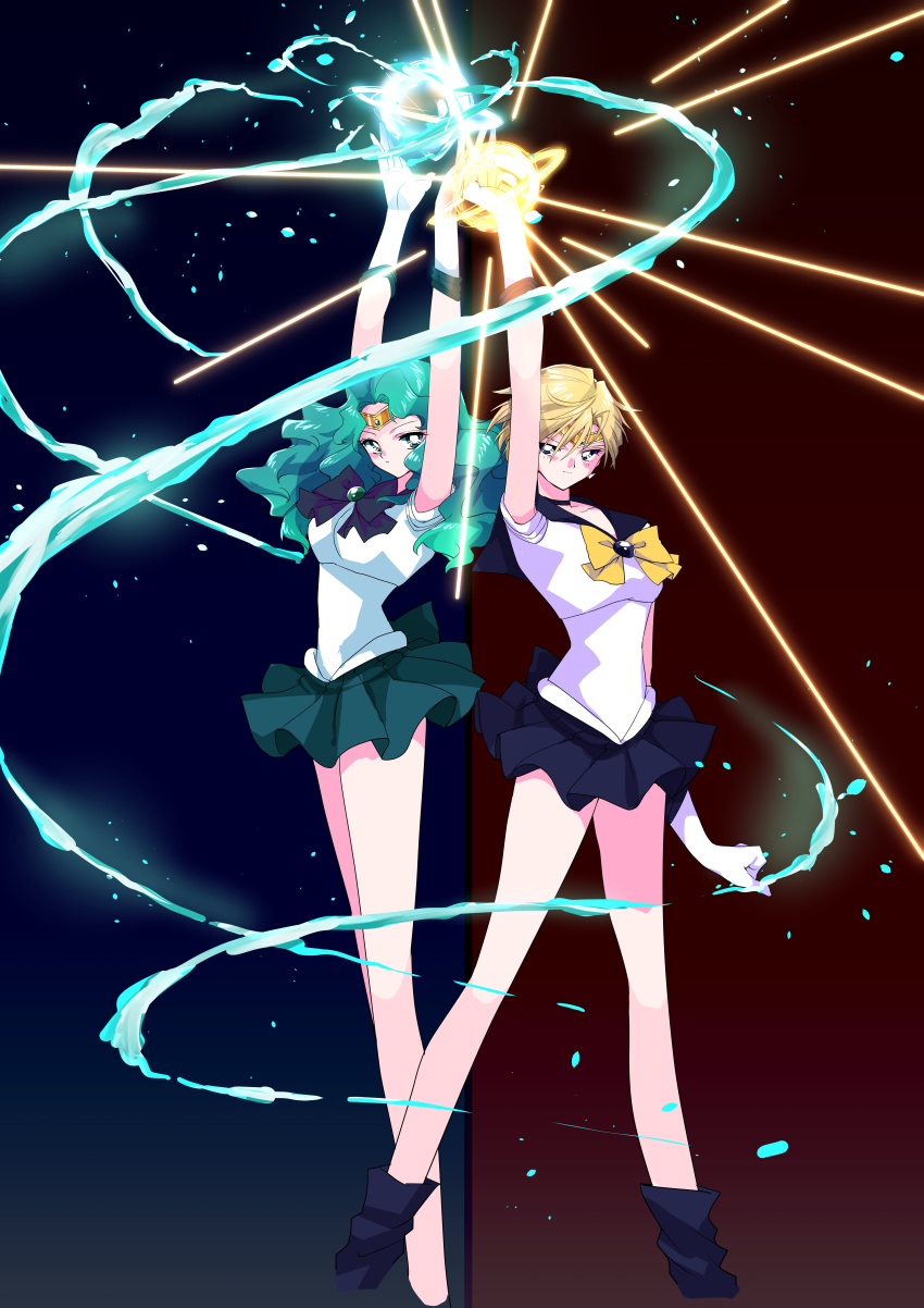 2girls absurdres bangs bishoujo_senshi_sailor_moon black_skirt blue_bow bow breasts clenched_hands energy gold_hairband green_hair green_skirt hands_up highres huge_filesize kaiou_michiru long_legs looking_at_viewer magical_girl medium_breasts multiple_girls open_hands parted_bangs pochi_(askas_is_god) sailor_collar sailor_neptune sailor_senshi_uniform sailor_uranus short_hair skirt ten'ou_haruka yellow_bow