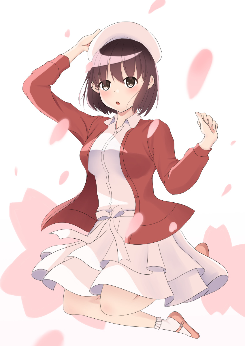 1girl :o absurdres arm_up bangs black_eyes blush bow breasts brown_hair cherry_blossoms dress full_body hat highres holding holding_clothes holding_hat jumping katou_megumi legs_up long_sleeves looking_at_viewer medium_breasts open_mouth saenai_heroine_no_sodatekata shinka_(yonkun121) short_hair simple_background skirt solo white_background white_bow white_headwear