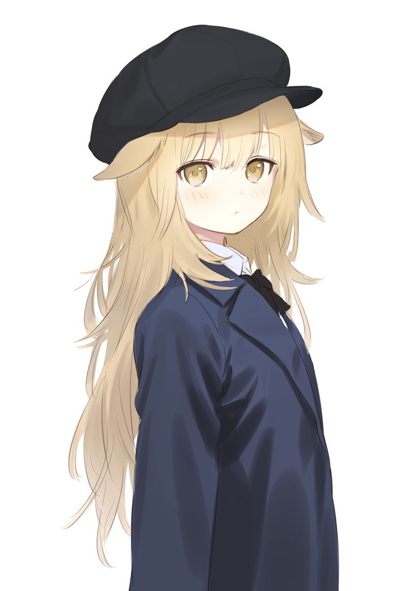 1girl absurdres animal_ears black_bow black_headwear black_neckwear blonde_hair blue_jacket blush bow bowtie cabbie_hat closed_mouth collared_shirt copyright_request from_side hat highres jacket long_hair looking_at_viewer looking_to_the_side shirt simple_background solo upper_body wasabi60 white_background white_shirt wing_collar yellow_eyes