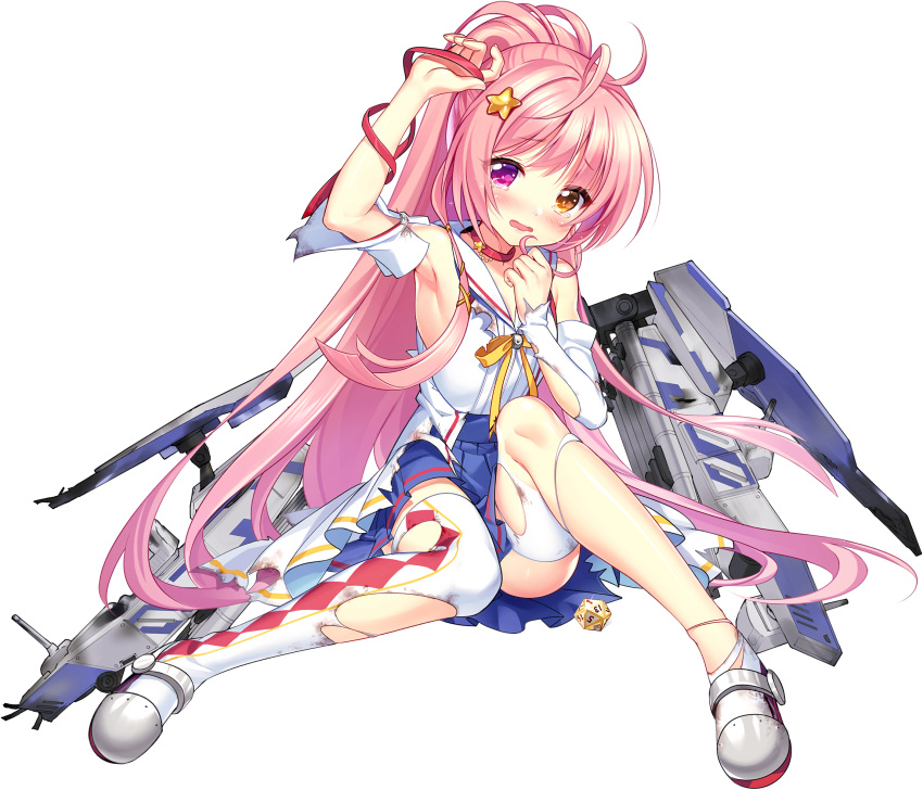 1girl ahoge arm_up bangs blue_oath blue_skirt blush burnt_clothes choker damaged detached_sleeves dice eyebrows_visible_through_hair flat_chest full_body hair_ornament hat heermann_(blue_oath) heterochromia highres long_hair neck_ribbon official_art open_mouth pink_choker pink_eyes ribbon rigging sailor_collar skirt solo star_(symbol) star_hair_ornament tears thigh-highs torn_clothes torn_legwear transparent_background white_headwear yellow_eyes