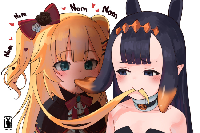 2girls akai_haato animal_ears bare_shoulders black_capelet black_hair blonde_hair blue_eyes blush bow capelet choker drooling eating eating_hair empty_eyes forehead green_eyes hair_bow hair_ornament hairclip heart highres hololive hololive_english long_hair mouth_hold multiple_girls ninomae_ina'nis pointy_ears ribbon saliva simple_background tentacle_hair tentacles two_side_up upper_body virtual_youtuber voc white_background