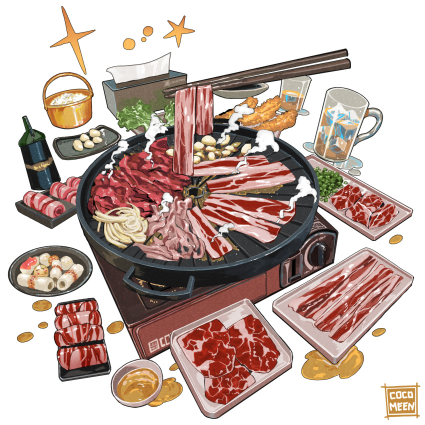 artist_name beef bowl chopsticks cup drink english_text food food_focus fruit frying_pan glass highres ice ice_cube meat mug nanashi_(freshman) no_humans original plate sauce saucer simple_background spring_onion still_life tempura tissue tissue_box vegetable white_background