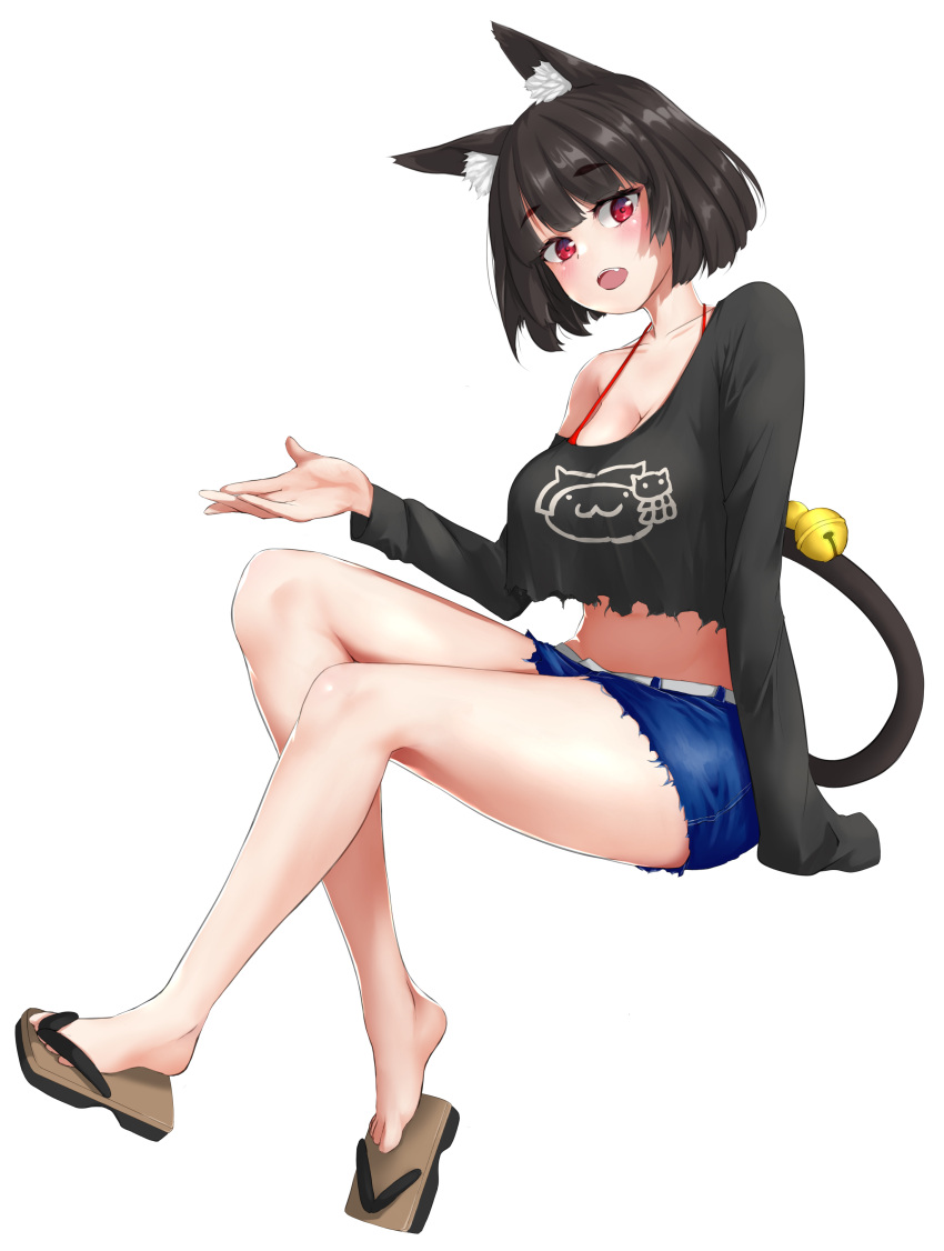 1girl absurdres animal_ear_fluff animal_ears azur_lane barefoot bell bikini bikini_under_clothes black_hair black_shirt blue_shorts breasts cat_ears cat_girl cat_tail crop_top crop_top_overhang fang full_body highres large_breasts linea_alba looking_at_viewer midriff official_alternate_costume ojisan_f open_mouth red_bikini shirt short_hair shorts simple_background single_bare_shoulder solo swimsuit tail tail_bell tail_ornament torn_clothes torn_shirt torn_shorts violet_eyes white_background yamashiro_(azur_lane) yamashiro_(vacation_offensive!)_(azur_lane)