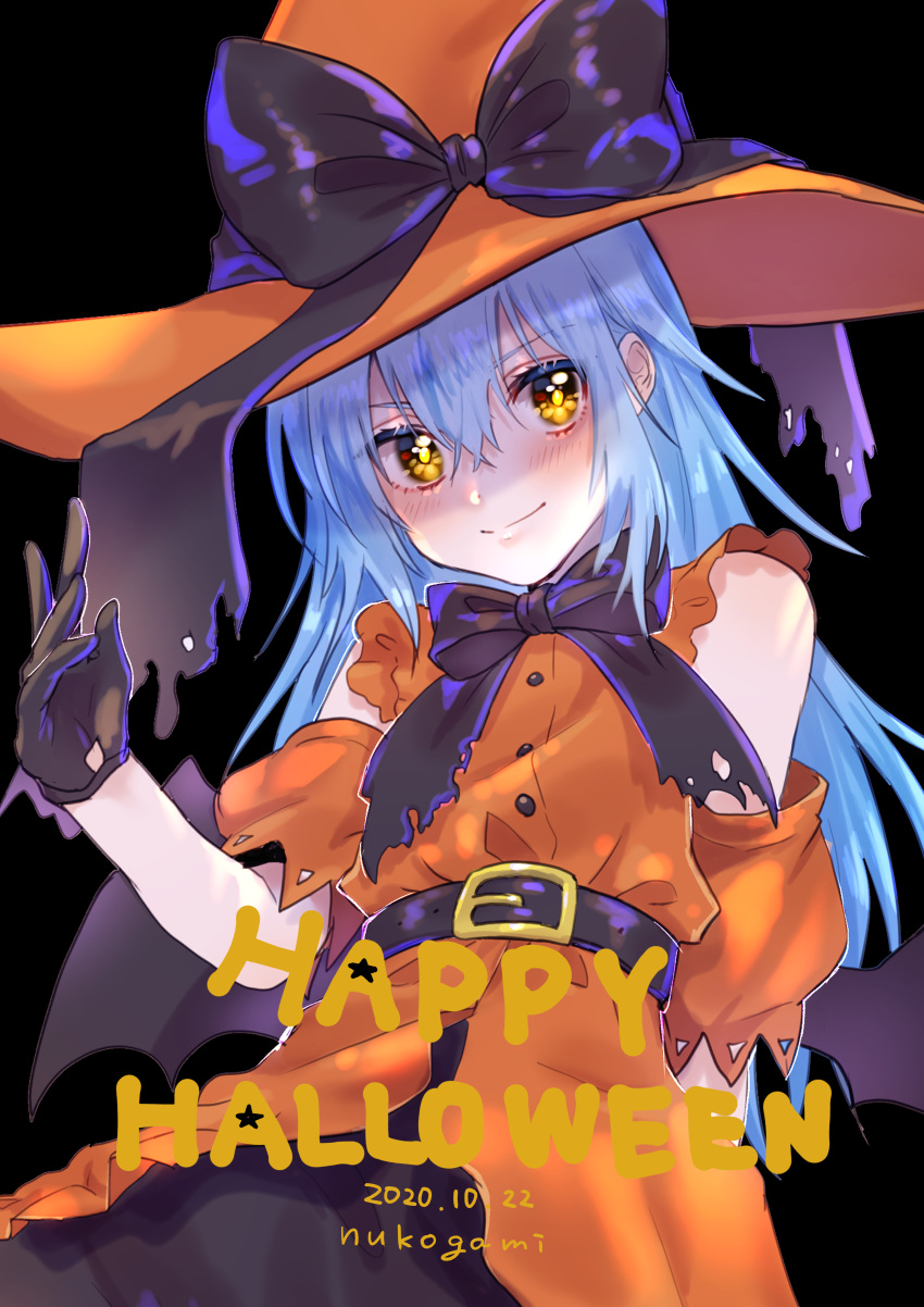 1girl 2020 absurdres bangs belt belt_buckle black_background black_belt black_bow black_gloves black_neckwear blue_hair blush bow buckle closed_mouth dated detached_sleeves dress_shirt gloves hair_between_eyes happy_halloween hat hat_bow highres long_hair looking_at_viewer nukogami_(minniecatlove21) orange_headwear orange_shirt orange_sleeves rimuru_tempest shiny shiny_hair shirt short_sleeves sleeveless sleeveless_shirt smile solo straight_hair tensei_shitara_slime_datta_ken very_long_hair witch witch_hat yellow_eyes