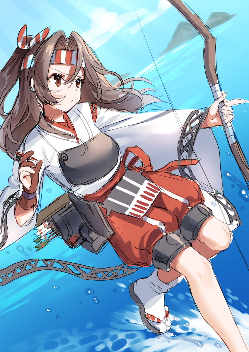 1girl absurdres arrow_(projectile) bangs bow_(weapon) brown_eyes brown_hair closed_mouth clouds day hachimaki hair_between_eyes hakama hakama_pants headband highres holding holding_bow_(weapon) holding_weapon japanese_clothes kantai_collection long_hair long_sleeves mizuki_eiru_(akagi_kurage) muneate outdoors quiver red_hakama rigging sandals sky solo water weapon wide_sleeves zuihou_(kantai_collection)