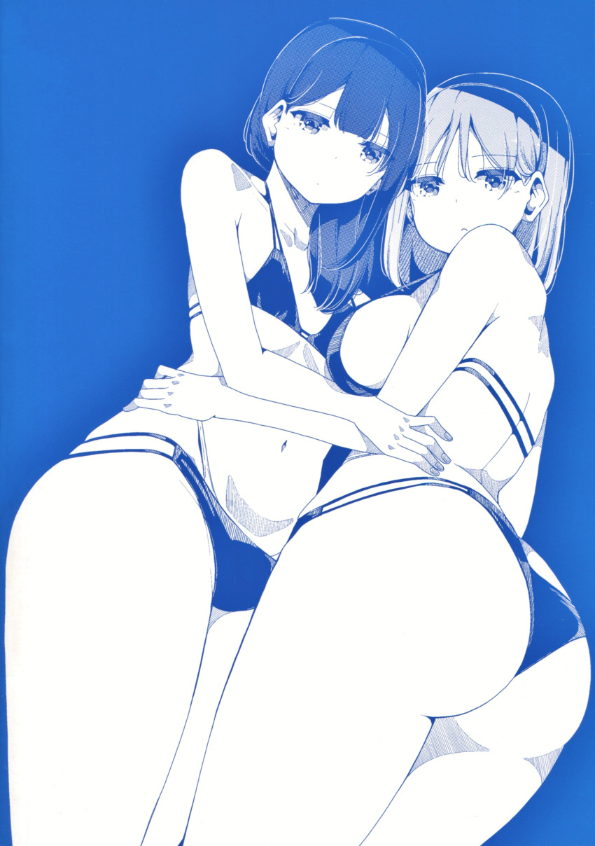 2girls absurdres ass back bangs bare_arms bare_legs bikini black_bikini blunt_bangs breasts closed_mouth collarbone expressionless eyebrows_visible_through_hair flat_chest from_below hair_over_shoulder hand_on_another's_hip harukana_receive highres large_breasts looking_at_viewer medium_hair monochrome multiple_girls navel nyoijizai shoulder_blades sideboob simple_background swimsuit thighs