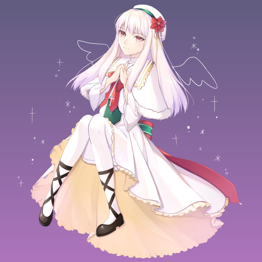 1girl ayuri-0420 bangs black_footwear capelet closed_mouth dress fire_emblem fire_emblem:_three_houses floating_hair flower frilled_dress frills full_body fur-trimmed_capelet fur_trim hair_flower hair_ornament hair_ribbon hands_clasped hands_together hat highres invisible_chair long_hair looking_at_viewer lysithea_von_ordelia own_hands_together pantyhose purple_background red_eyes red_flower ribbon silver_hair sitting solo white_capelet white_dress white_headwear white_legwear yellow_ribbon