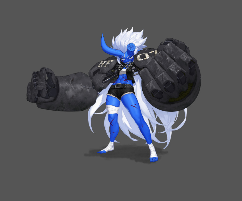 1girl abs absurdres bandaged_feet bandaged_leg bandages belt black_collar black_jacket blue_skin broken_horn clenched_hands collar colored_skin dgk grey_background grin highres horns jacket long_hair mechanical_arms muscular muscular_female navel no_pupils oni open_clothes open_jacket original scar scar_across_eye scar_on_face scratches simple_background smile solo spiked_collar spiked_jacket spikes standing studded_belt teeth very_long_hair white_hair