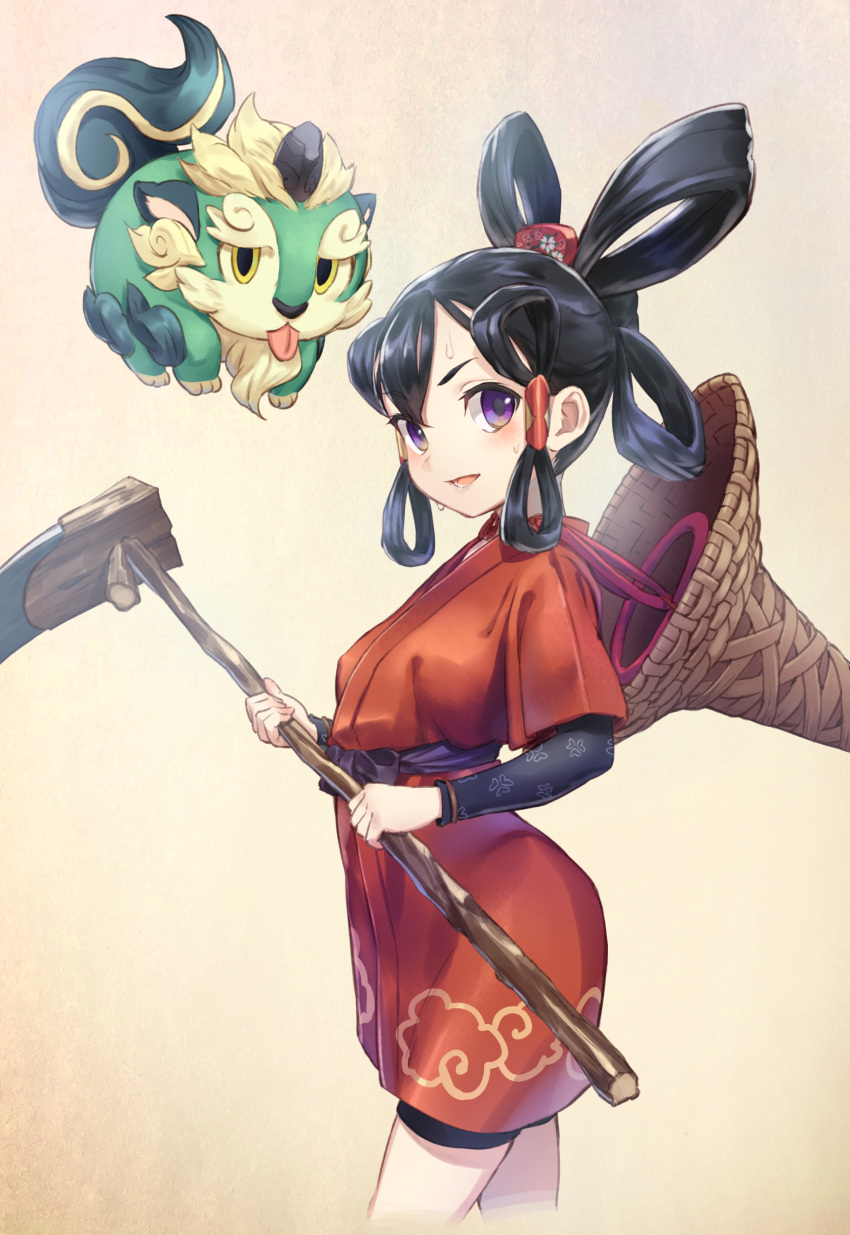 1girl absurdres black_hair dog erect_nipples hair_ornament hat highres japanese_clothes looking_at_viewer open_mouth sakuna-hime solo straw_hat sweat tenkuu_nozora tensui_no_sakuna-hime violet_eyes