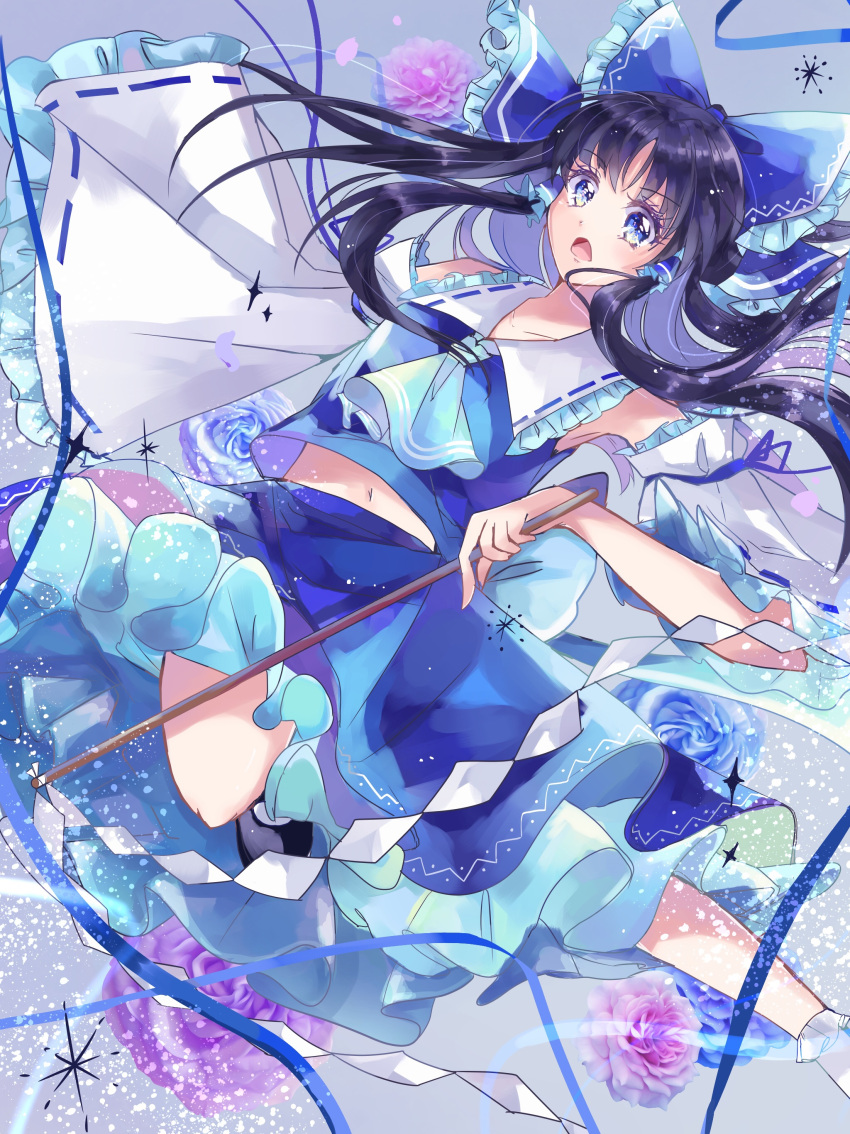 1girl absurdres ascot bangs black_hair blue_bow blue_eyes blue_skirt bow collarbone detached_sleeves eyebrows_visible_through_hair floating floating_hair flower hair_bow hakurei_reimu highres holding japanese_clothes long_hair looking_at_viewer miko miyui navel open_mouth parted_bangs rose skirt solo touhou wide_sleeves