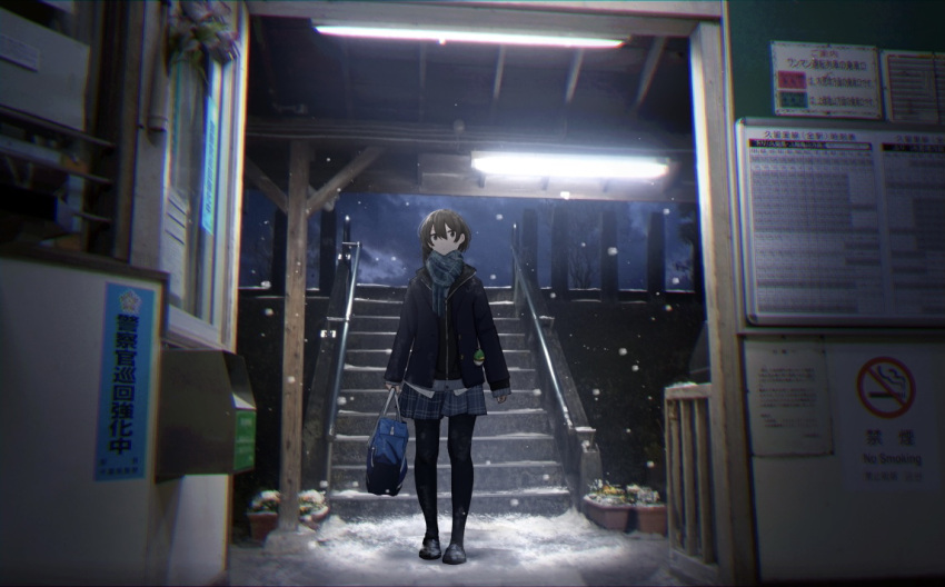 1girl bag black_hair black_legwear chromatic_aberration commentary english_commentary holding jacket night no_smoking original pantyhose plaid plaid_skirt plant pleated_skirt potted_plant sakeharasu scarf school_bag school_uniform short_hair skirt snow snowing solo stairs winter winter_clothes