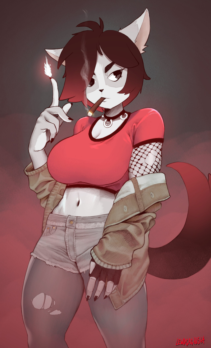 1girl absurdres animal_ears artist_name bangs black_gloves black_nails breasts brown_hair brown_jacket cactus64 cat_ears cat_girl cat_tail cigar crop_top denim denim_shorts fingerless_gloves fingernails fire furry gloves grey_fur grey_legwear grey_shorts hair_over_one_eye hand_up highres index_finger_raised jacket large_breasts looking_at_viewer midriff multicolored_hair nail_polish navel off_shoulder open_clothes original pantyhose red_shirt redhead sharp_fingernails shirt short_hair short_shorts short_sleeves shorts smoking solo tail torn_clothes torn_legwear two-tone_hair