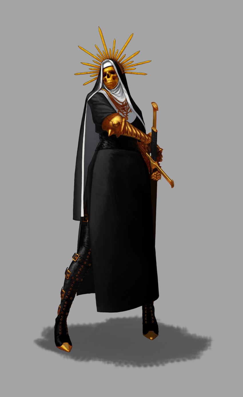 1girl absurdres armor black_footwear boots crack dgk gauntlets gold grey_background highres holding holding_sheath holding_sword holding_weapon jewelry mask necklace nun original scabbard sheath sheathed simple_background skull skull_mask solo spikes standing sword thigh-highs thigh_boots vambraces weapon