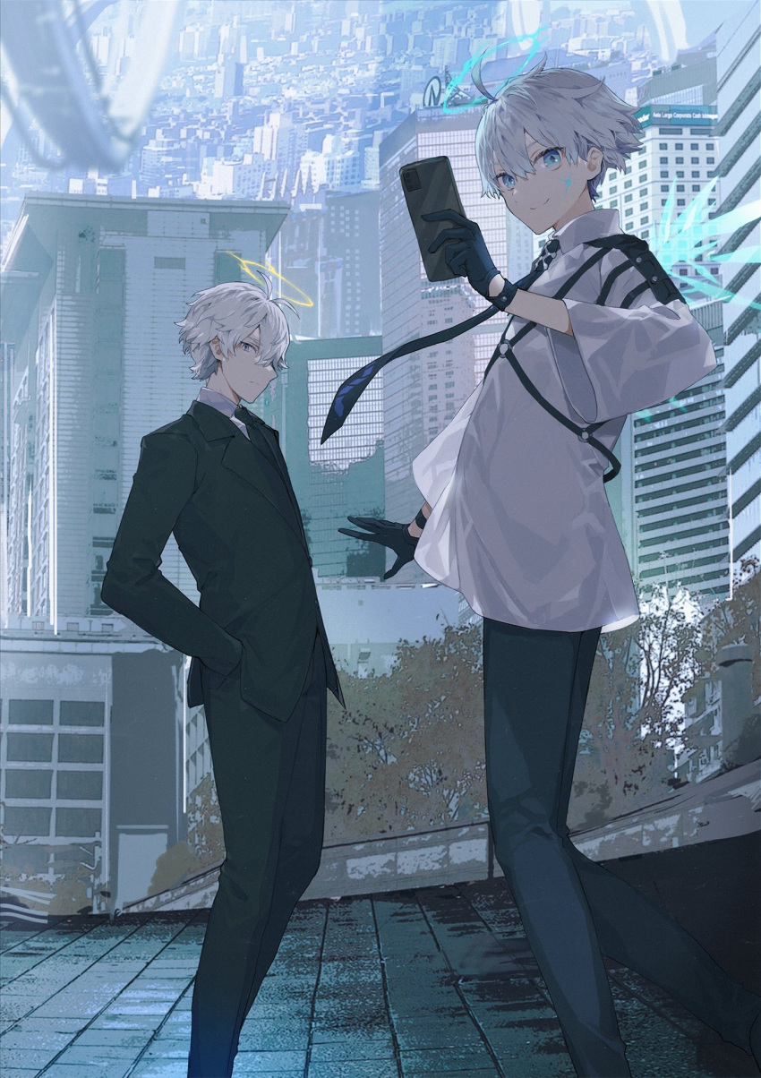 2boys ahoge antenna_hair black_gloves black_neckwear blue_eyes building cellphone city cityscape closed_mouth eyebrows_visible_through_hair facial_mark formal gloves grey_eyes grey_hair hair_between_eyes halo hand_in_pocket highres hinayuri holding holding_phone looking_at_viewer male_focus mini_wings multiple_boys necktie open_hand original outdoors phone smile standing suit wings