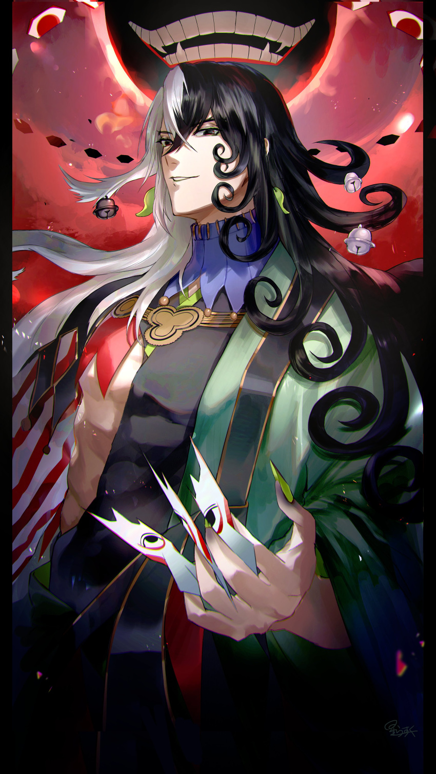 1boy abs absurdres akimitsu-dono ashiya_douman_(fate) asymmetrical_clothes asymmetrical_hair bell black_eyes black_hair covered_abs cowboy_shot curly_hair earrings extra_eyes fate/grand_order fate_(series) fingernails floating giant giant_monster green_eyeshadow green_kimono green_lipstick green_nails hair_bell hair_between_eyes hair_intakes hair_ornament highres hoshi_rasuku japanese_clothes jewelry kimono lipstick long_hair magatama magatama_earrings makeup male_focus monster multicolored_hair open_clothes open_kimono pectorals ribbed_sleeves sharp_fingernails shikigami solo toned toned_male two-tone_hair very_long_fingernails very_long_hair white_hair
