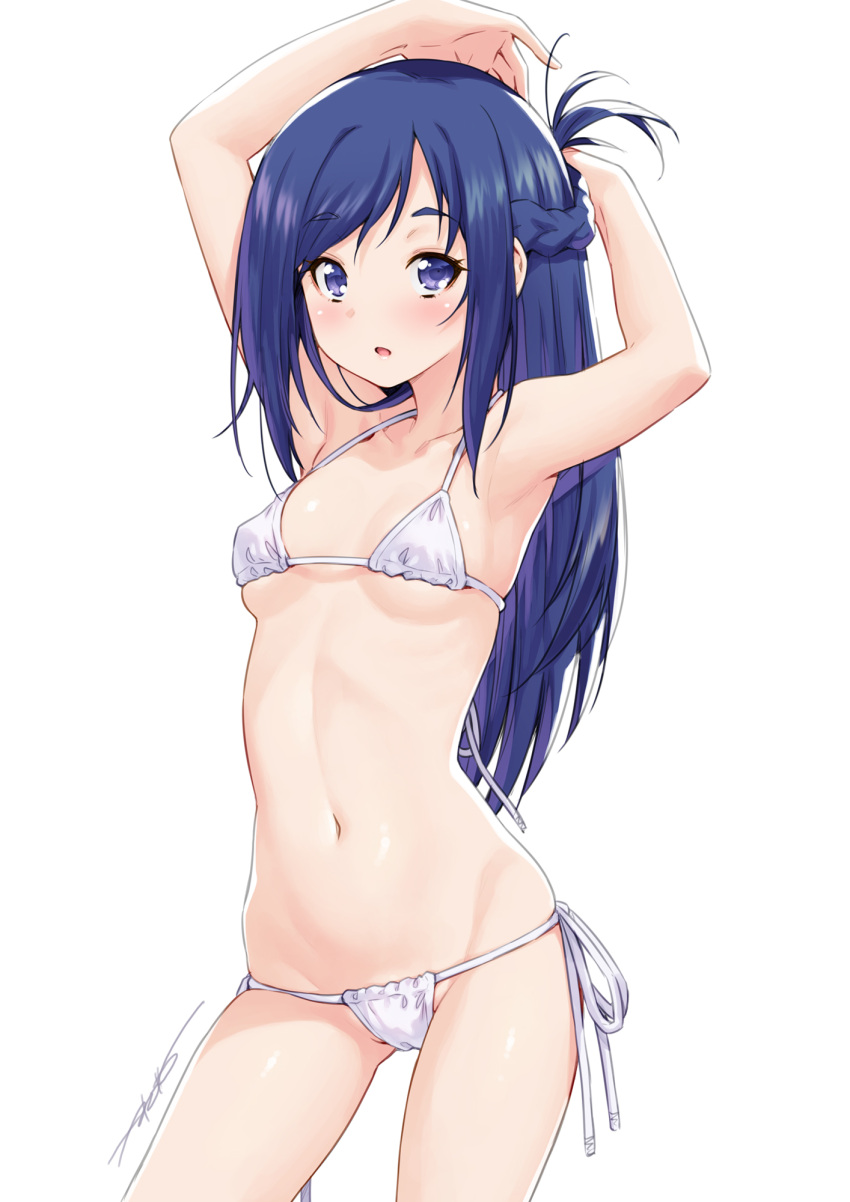 1girl armpits arms_behind_head arms_up bikini blue_eyes blue_hair breasts collarbone commentary_request dokidoki!_precure eyebrows_visible_through_hair highres hishikawa_rikka kazuma_muramasa long_hair looking_at_viewer micro_bikini navel precure side-tie_bikini signature simple_background small_breasts solo standing stomach swimsuit thighs white_background white_bikini