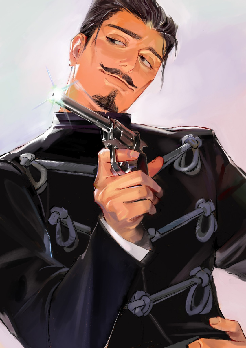1boy black_eyes black_hair buttons collared_jacket facial_hair goatee golden_kamuy gun highres holding holding_gun holding_weapon kajibaji long_sleeves looking_to_the_side male_focus military military_uniform mustache scar scar_on_face short_hair sideburns simple_background solo tsurumi_tokushirou uniform upper_body weapon weapon_request younger