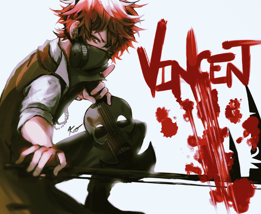 1boy blood blood_splatter borrowed_character brown_eyes chain character_name fingernails gas_mask highres holding holding_instrument instrument male_focus mask one_knee original redhead signature simple_background sleeves_rolled_up smeared_blood solo splatter uglykao violin white_background