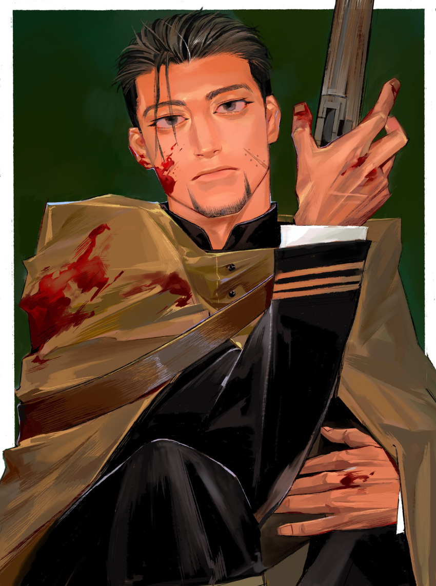 1boy arisaka black_eyes black_hair blood blood_on_face bloody_clothes blue_jacket bolt_action cape collared_jacket facial_hair golden_kamuy gun hair_slicked_back hair_strand highres holding holding_gun holding_weapon hood hooded_cape imperial_japanese_army jacket kajibaji long_sleeves male_focus military military_uniform ogata_hyakunosuke rifle scar scar_on_cheek scar_on_face short_hair simple_background solo stubble undercut uniform upper_body weapon