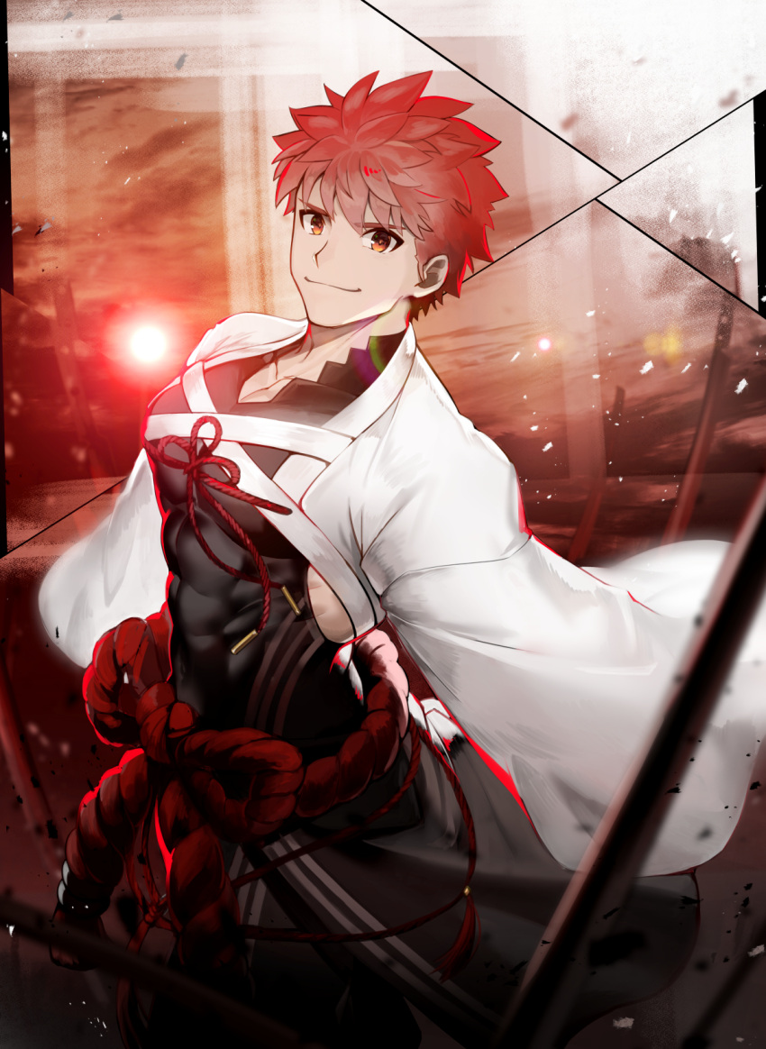 1boy cleavage_cutout clothing_cutout covered_abs emiya_shirou fate/grand_order fate_(series) from_above highres japanese_clothes leaning_back limited/zero_over looking_at_viewer male_focus muscular muscular_male official_alternate_costume orange_hair pectorals sengo_muramasa_(fate) short_hair shrug_(clothing) skin_tight smile solo waku_(ayamix) wide_sleeves yellow_eyes