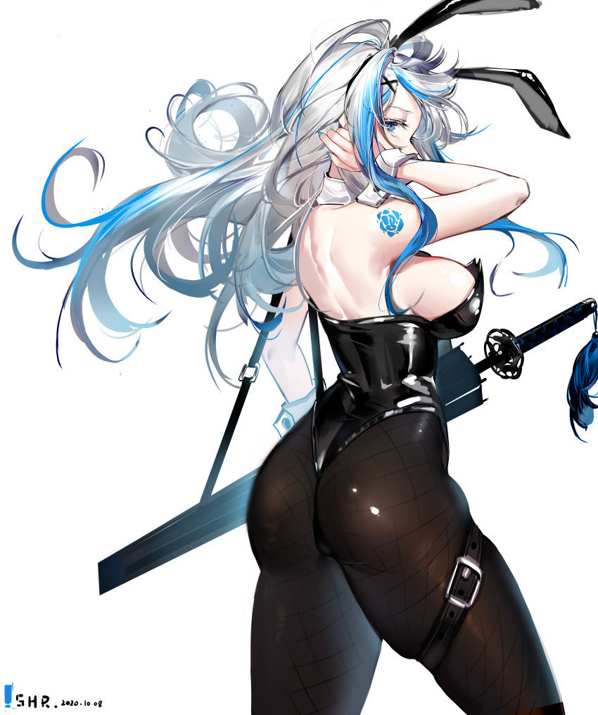 1girl absurdres animal_ears bare_shoulders black_legwear blue_eyes breasts contrapposto detached_collar highres katana large_breasts long_hair looking_at_viewer looking_back original pantyhose playboy_bunny pork_belly_(artist) rabbit_ears silver_hair skindentation solo sword tattoo thigh_strap weapon white_background wind wrist_cuffs