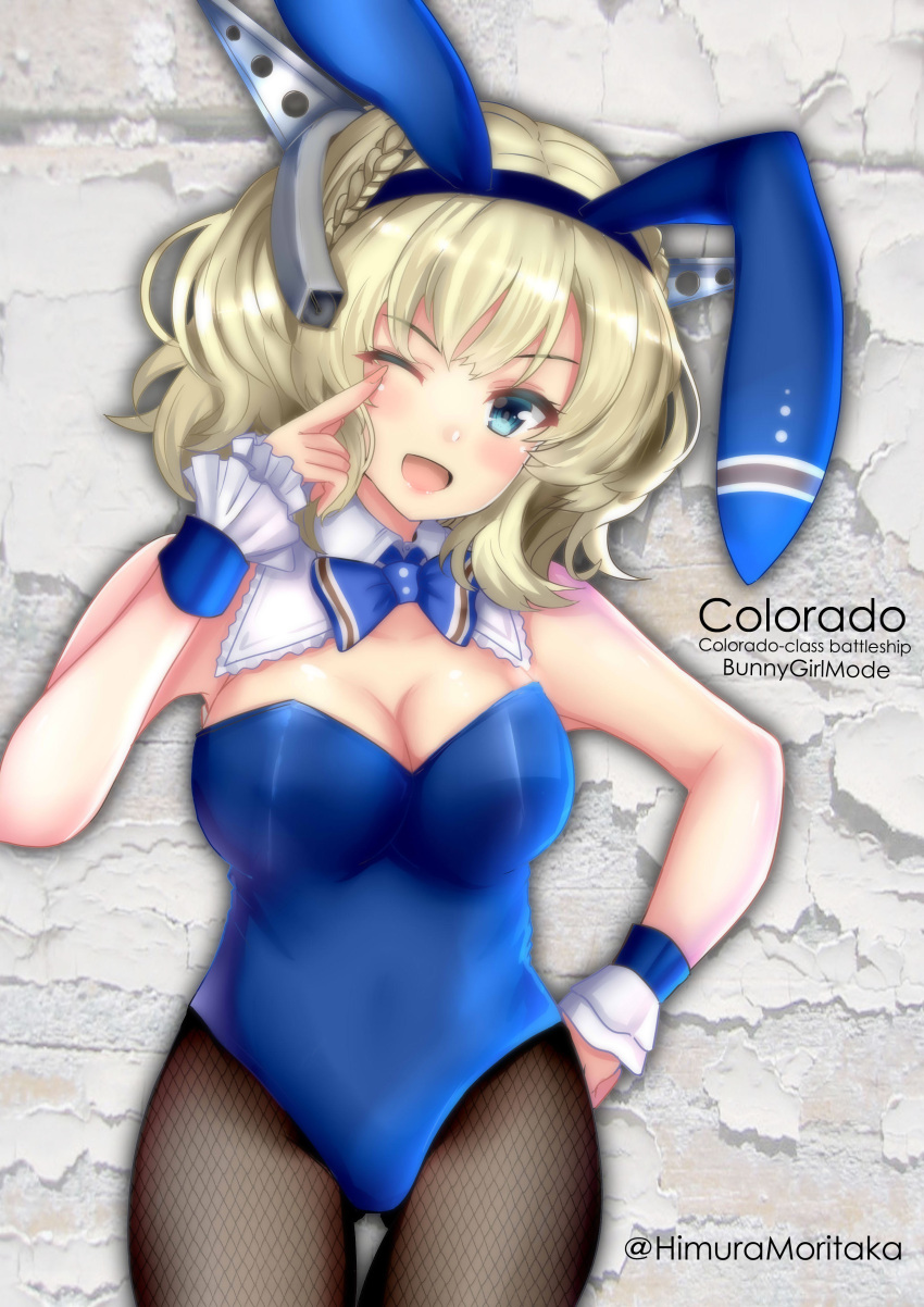 1girl absurdres animal_ears black_legwear blonde_hair blue_eyes blue_leotard blue_neckwear blue_ribbon bow bowtie breasts character_name colorado_(kantai_collection) covered_navel detached_collar eyebrows_visible_through_hair fake_animal_ears finger_to_eye fire_maxs fishnet_legwear fishnets hand_on_hip highres kantai_collection large_breasts leotard medium_breasts one_eye_closed pantyhose playboy_bunny playboy_bunny_leotard rabbit_ears ribbon short_hair side_braids solo strapless strapless_leotard twitter_username wing_collar wrist_cuffs