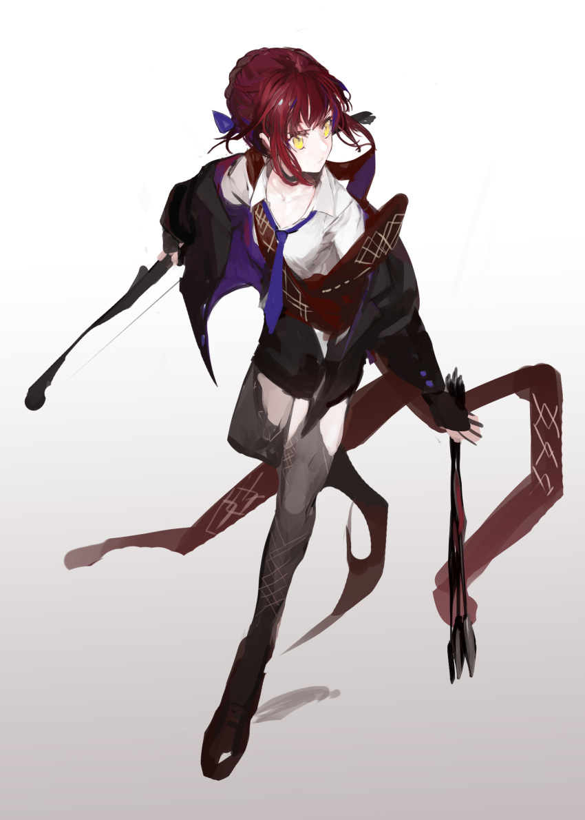 1girl absurdres arrow_(projectile) black_footwear black_jacket blue_neckwear bow_(weapon) closed_mouth collarbone fate_(series) gradient gradient_background grey_legwear highres holding holding_arrow holding_bow_(weapon) holding_weapon jacket medium_hair necktie redhead sketch solo thigh-highs true_rider weapon yellow_eyes yorurokujuu