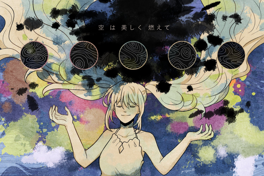 1girl abstract album_cover_redraw album_name closed_eyes closed_mouth derivative_work english_commentary greycatto hatsune_miku highres long_hair twintails very_long_hair vocaloid