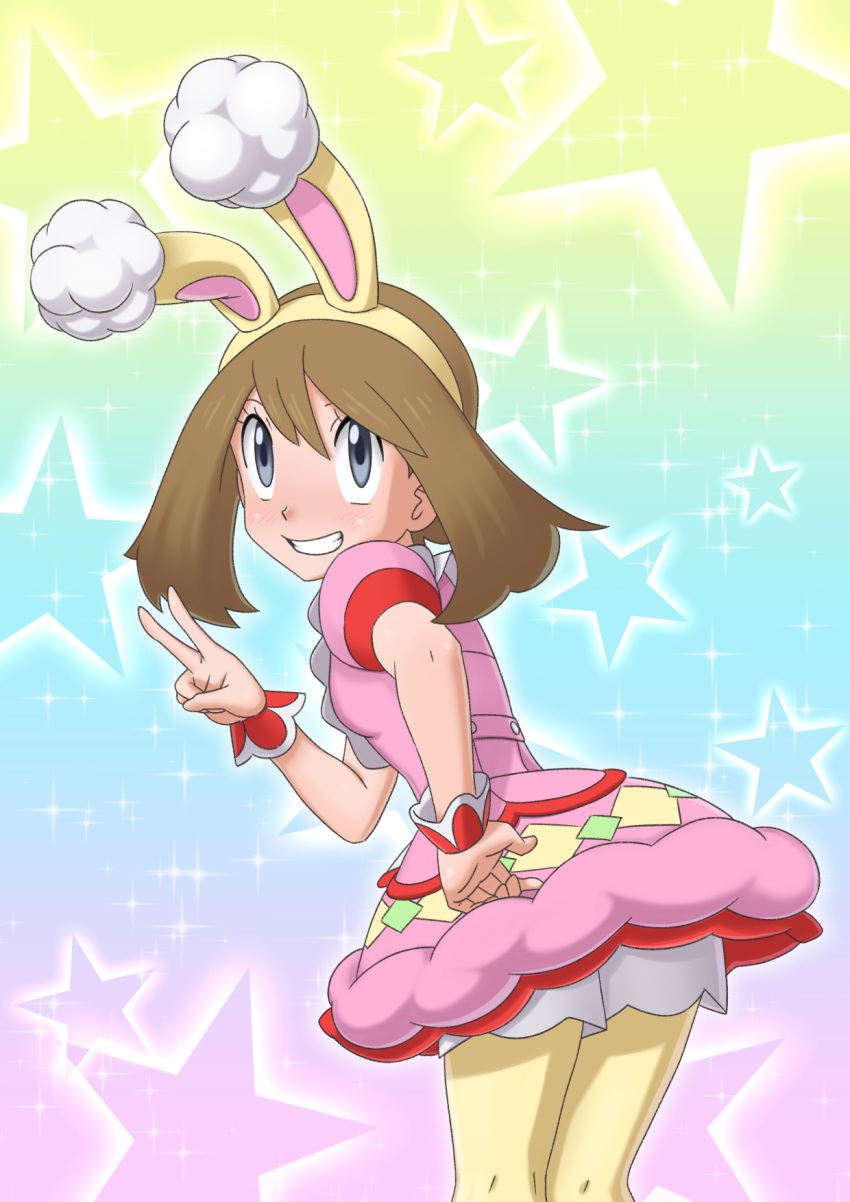 1girl animal_ears bangs brown_hair buttons commentary_request dress eyelashes fake_animal_ears grey_eyes grin hair_between_eyes hairband hand_on_hip highres leaning_forward looking_up may_(pokemon) miraa_(chikurin) official_alternate_costume pantyhose pink_dress pokemon pokemon_(game) pokemon_masters_ex short_sleeves shorts shorts_under_dress smile solo star_(symbol) teeth v white_shorts wrist_cuffs yellow_hairband yellow_legwear